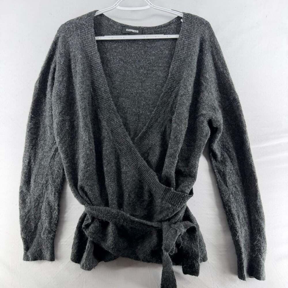 1582 Express Wrap Sweater Size L Gray Belted V-Neck Cardigan